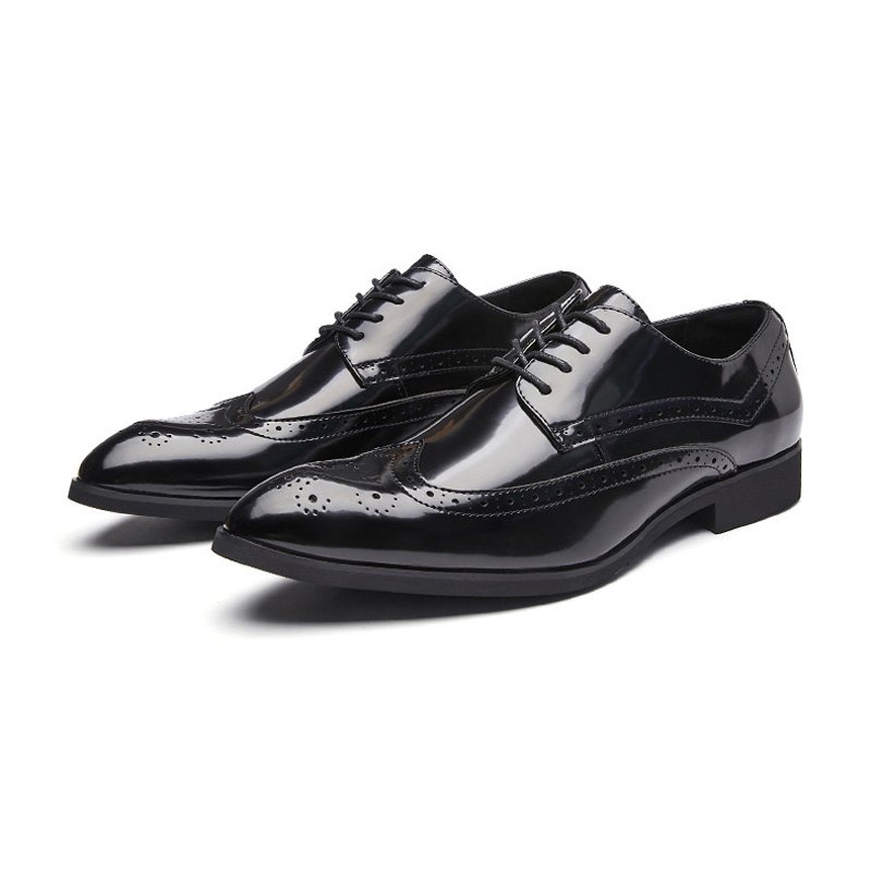 Pánské Boty Derby Brogue Lace Up Hovězí Kůže Špičatá Vyřezávaná Měkká Podrážka - Černá