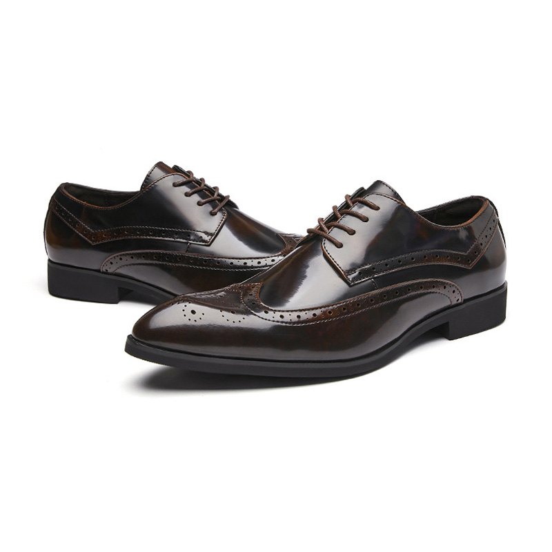 Pánské Boty Derby Brogue Lace Up Hovězí Kůže Špičatá Vyřezávaná Měkká Podrážka - Hnědý