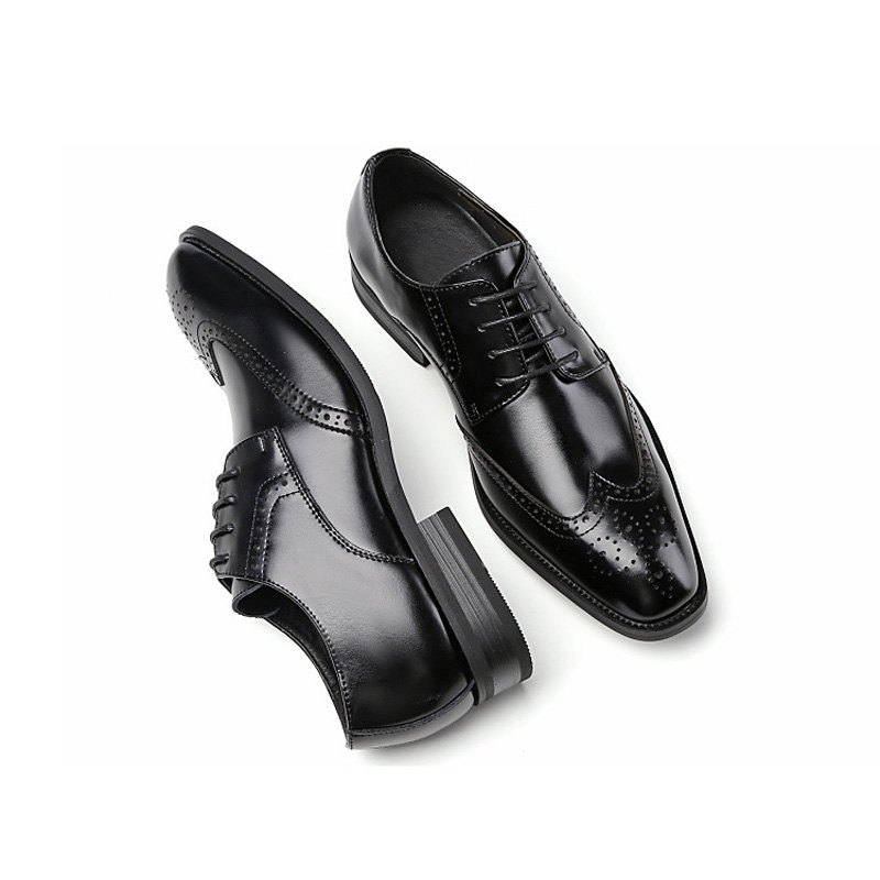 Pánské Společenské Boty Brogue Lace Up Pointed Toe Hovězí Kůže - Černá