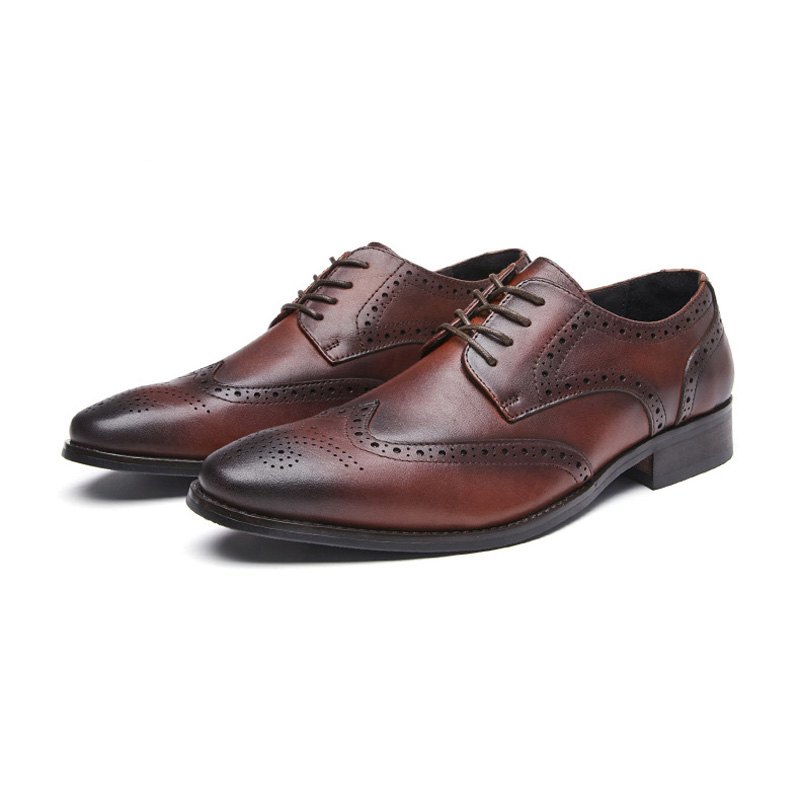 Pánské Společenské Boty Brogue Pointed Toe Z Hovězí Kůže Vyřezávané Derby Šněrovací 4-očka