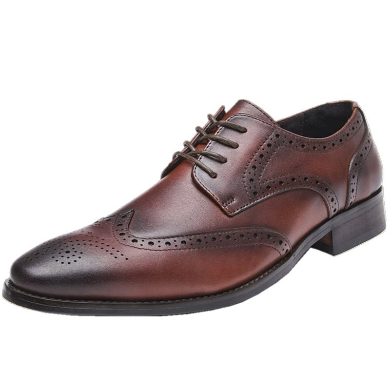 Pánské Společenské Boty Brogue Pointed Toe Z Hovězí Kůže Vyřezávané Derby Šněrovací 4-očka - Hnědý