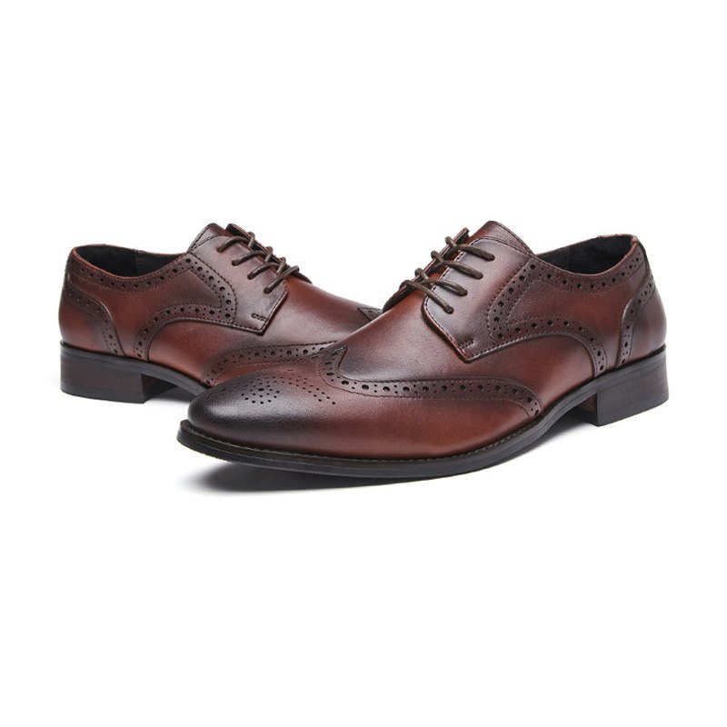 Pánské Společenské Boty Brogue Pointed Toe Z Hovězí Kůže Vyřezávané Derby Šněrovací 4-očka - Hnědý