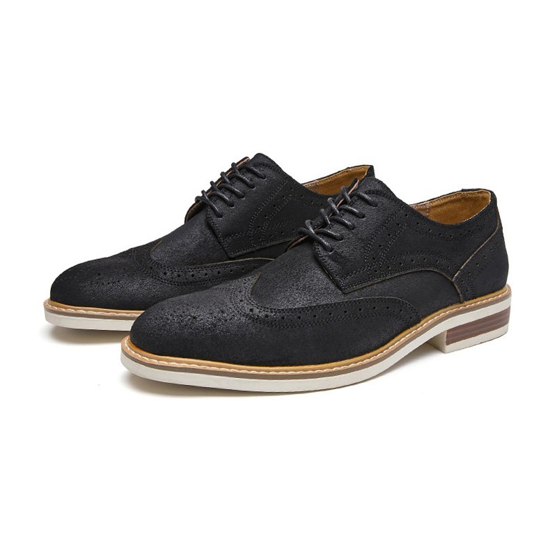 Pánské Společenské Boty Brogue Suede Hovězí Kůže Retro Derby S Kulatou Špičkou - Černá