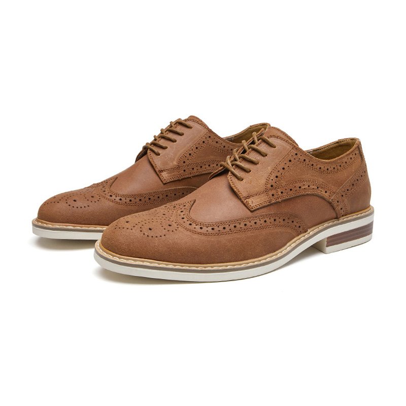 Pánské Společenské Boty Brogue Suede Hovězí Kůže Retro Derby S Kulatou Špičkou - Hnědý