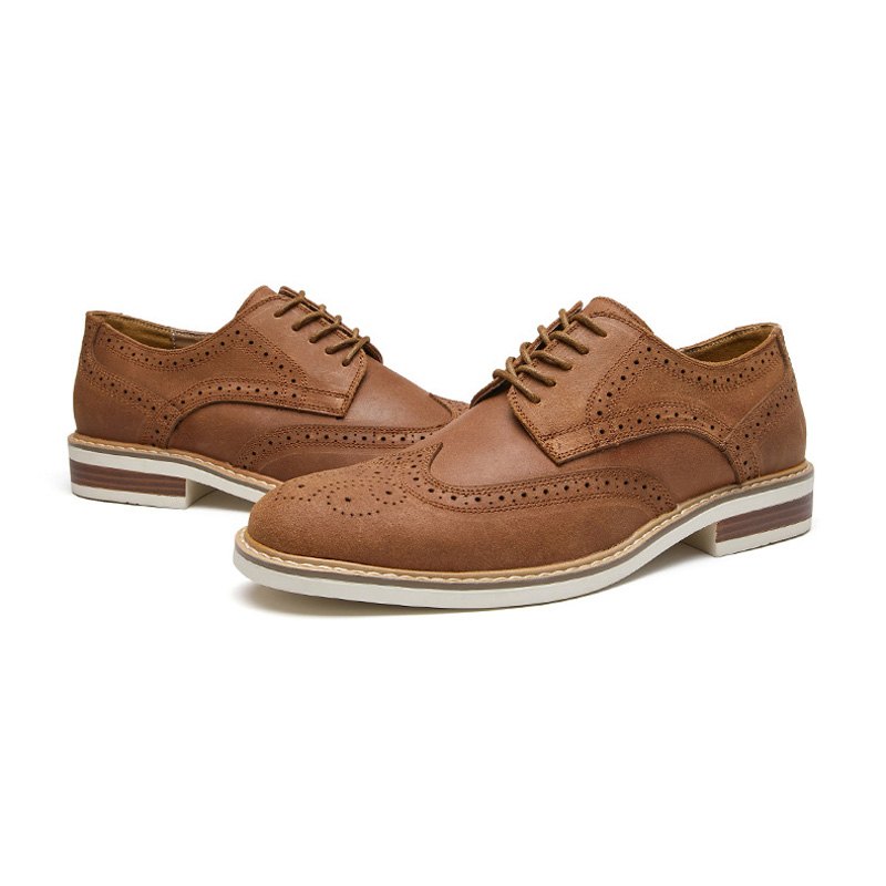 Pánské Společenské Boty Brogue Suede Hovězí Kůže Retro Derby S Kulatou Špičkou - Hnědý