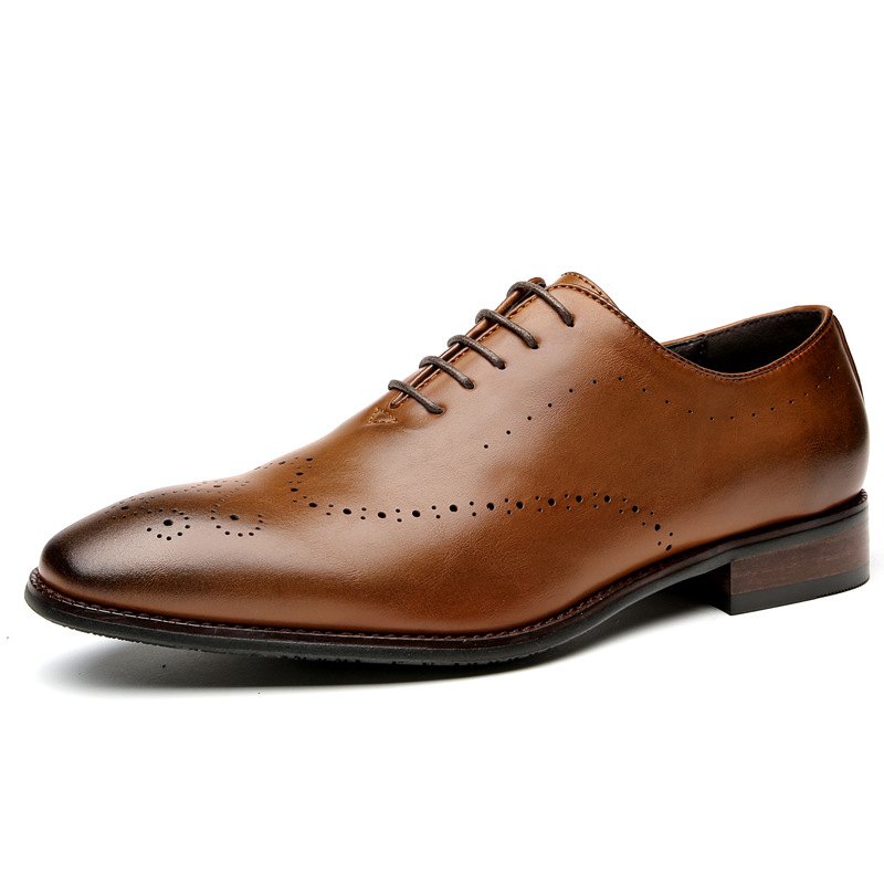 Pánské Společenské Boty Oxford Brogue Carved Chiseled Toe Wood Heel - žlutá