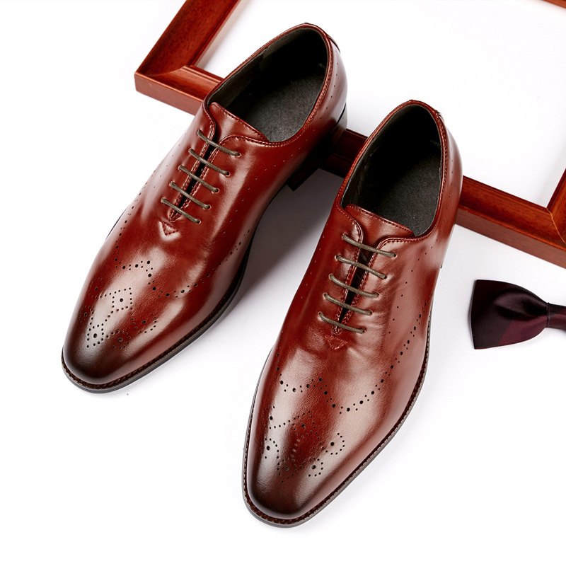 Pánské Společenské Boty Oxford Brogue Carved Chiseled Toe Wood Heel - Červené