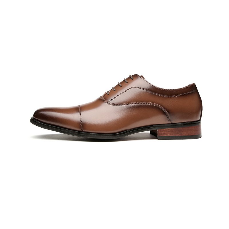 Pánské Společenské Boty Oxford Cap Toe Hovězí Kůže Wood Heel - Hnědý