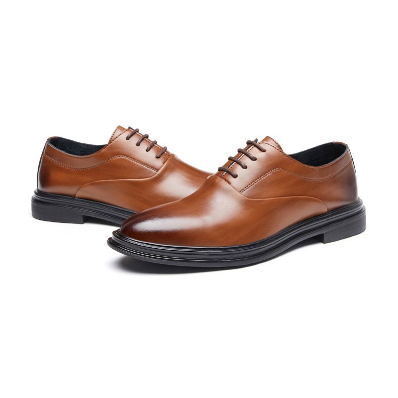 Pánské Společenské Boty Oxford Pointed Toe Hovězí Kůže Lace Up 3-eyelet - Hnědý